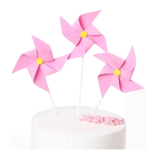 Topper na tort wiatraczek różowy dla dziewczynki dekoracje na roczek baby shower urodziny wiatrak zestaw 3 sztuk